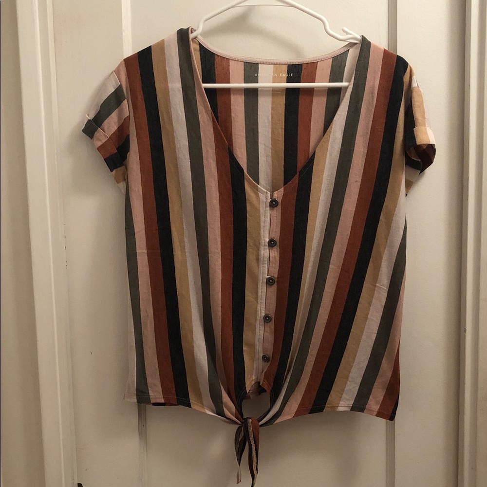 American Eagle Outfitters Multi-Stripe Button Tie-Front Top